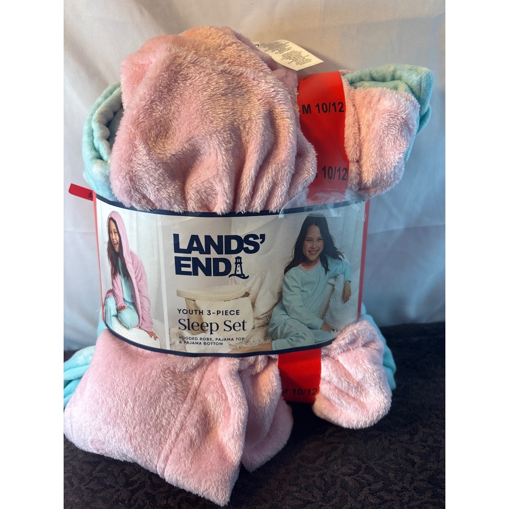 Lands End Youth 3-Piece‎ Sleep Set Pink Hooded Robe Blue Pajamas M 10/12 NEW